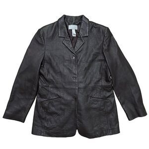 VTG Liz Claiborne Collection Black Leather Blazer Jacket Womens 16 Croc Embossed